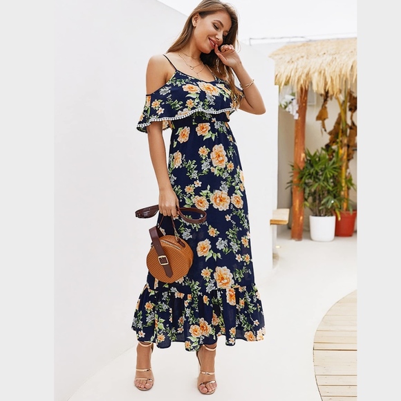 Rouge! Dresses & Skirts - Navy Floral Cold Shoulder Ruffle Maxi Dress PomPom